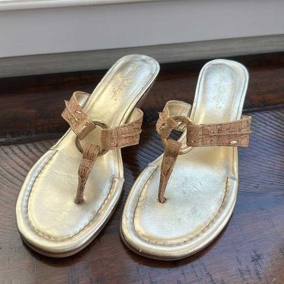 Lilly Pulitzer Gold Corked Pattern Women's Heeled Sandals - Picture 2 of 7
